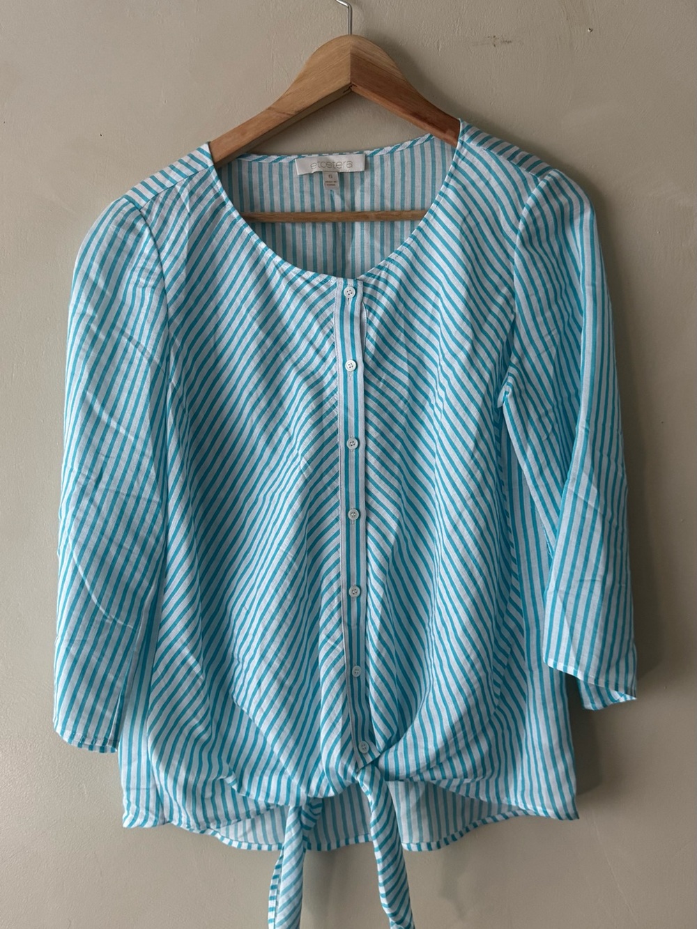Etcetera Blue and White Striped Tie-Hem Button Down Top 627